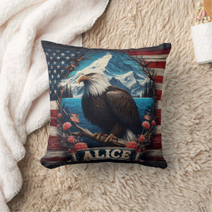 Majestic Eagle Overlooking Mountains and Flag Cushion