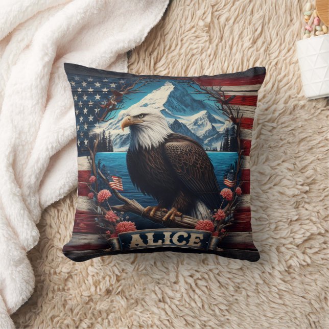 Majestic Eagle Overlooking Mountains and Flag Cushion (Blanket)