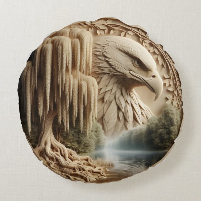 Majestic Eagle Overlooking Serene Lake  Round Cushion (Back)
