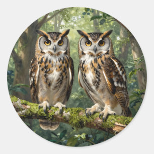 Majestic Eagle Owls Forest Perch Classic Round Sticker