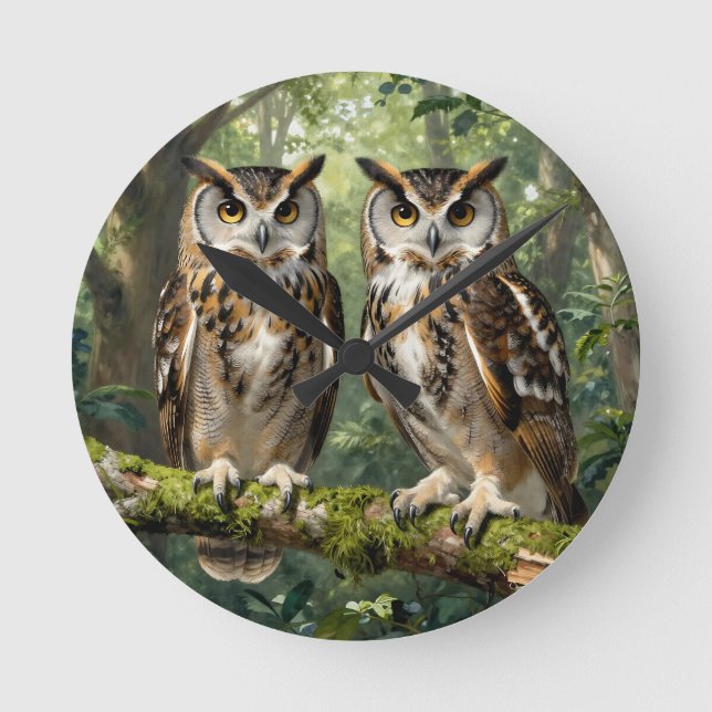 Majestic Eagle Owls Forest Perch Round Clock (Front)