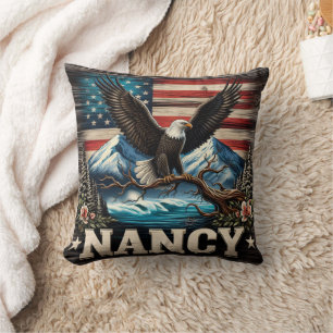 Majestic Eagle Perched Amidst Mountains and Flag Cushion