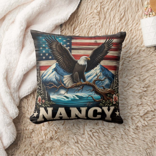 Majestic Eagle Perched Amidst Mountains and Flag Cushion (Blanket)