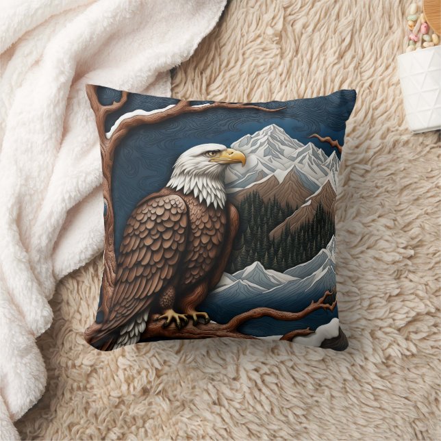 Majestic Eagle Perched Amidst Snowy Mountains Cushion (Blanket)