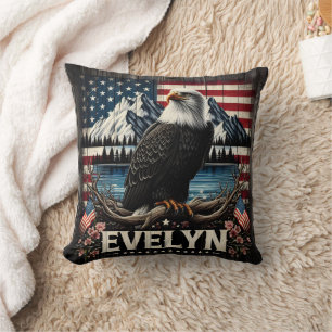 Majestic Eagle Perched Before American Landscape Cushion