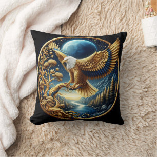 Majestic Eagle Perched by a Serene River Cushion