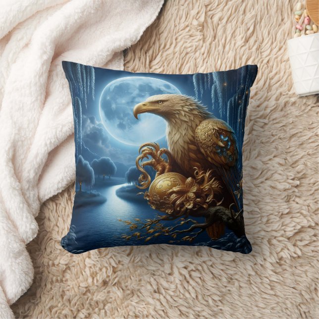 Majestic Eagle Perched by Moonlit River Cushion (Blanket)