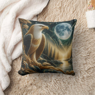Majestic Eagle Perched by Moonlit River Cushion