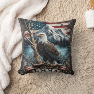 Majestic Eagle Perched by Mountain River Cushion
