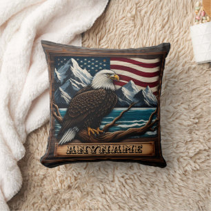 Majestic Eagle Perched By Mountains And Flag Cushion