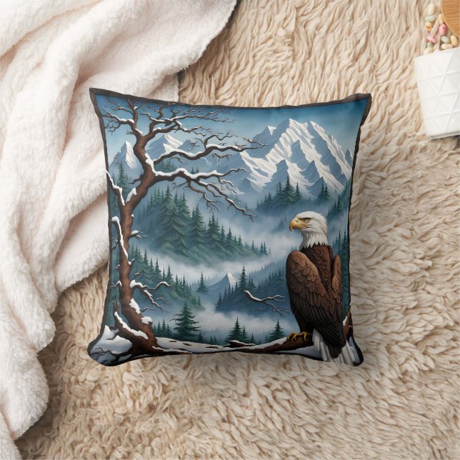 Majestic Eagle Perched in Snowy Mountain Landscape Cushion (Blanket)