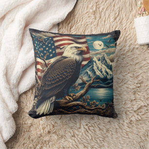 Majestic Eagle Perched Near Mountains and Flag Cushion
