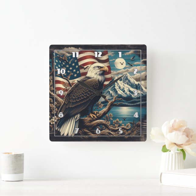 Majestic Eagle Perched Near Mountains and Flag Square Wall Clock (Home)