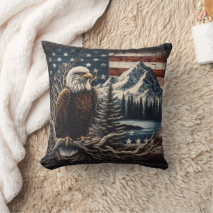 Majestic Eagle Perched Near Mountains and Sunset Cushion