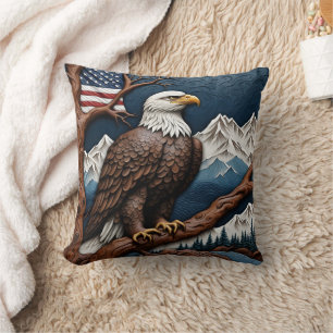 Majestic Eagle Perched on a Branch in Mountains Cushion