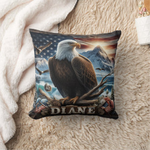 Majestic Eagle Perched on a Branch With Flag Cushion