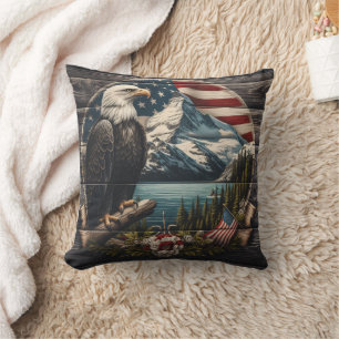 Majestic Eagle Perched on Tree Near Mountains Cushion