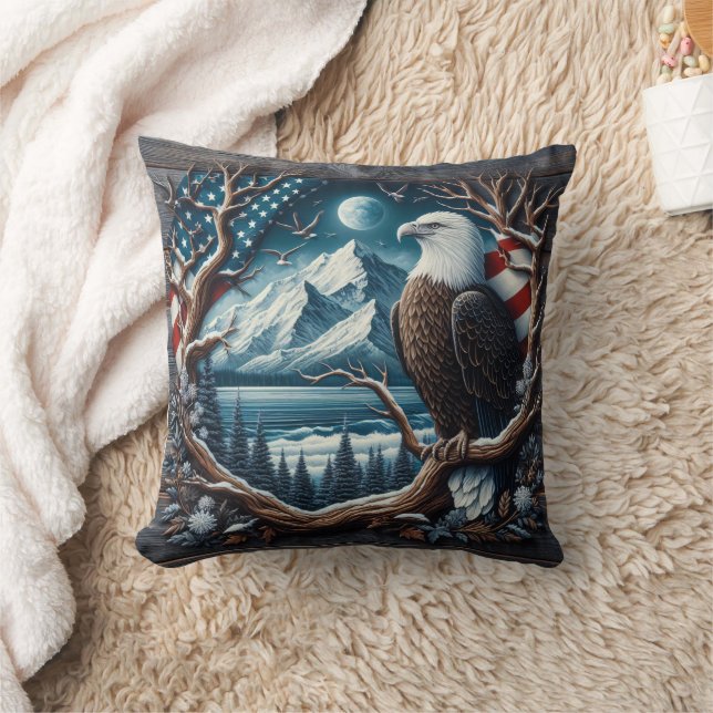 Majestic Eagle Perched on Tree With American Flag Cushion (Blanket)