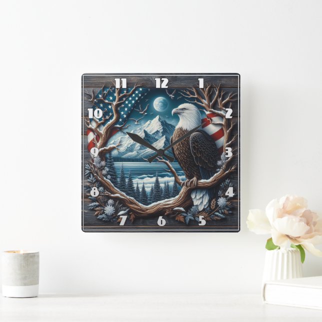 Majestic Eagle Perched on Tree With American Flag Square Wall Clock (Home)