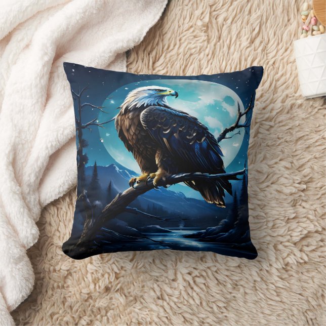 Majestic Eagle Perched Under Moonlit Sky Cushion (Blanket)