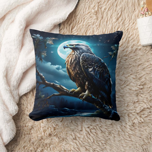 Majestic Eagle Perched Under Moonlit Sky Cushion (Blanket)