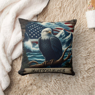 Majestic Eagle Perched With Mountains and Flag Cushion