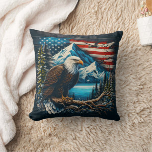 Majestic Eagle Perched With Mountains and Flag Cushion