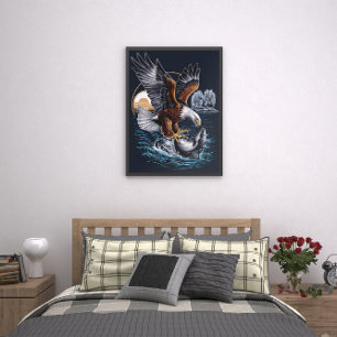 Majestic Eagle Soaring Above Ocean Fish Poster
