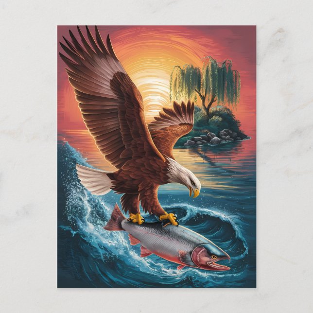 Majestic Eagle Soaring Over a Glittering Fish Postcard (Front)