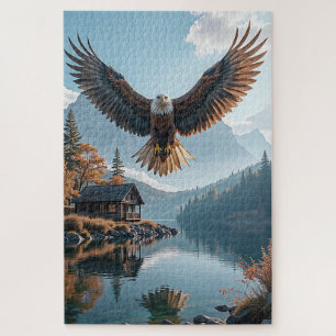 Majestic Eagle Soaring Over a Serene Lakeside Jigsaw Puzzle