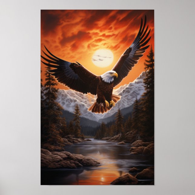 Majestic Eagle Soaring Over Stream - Stunning Wild Poster (Front)