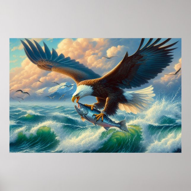 Majestic Eagle Swooping Down to Catch Fish 20x16 Poster (Front)