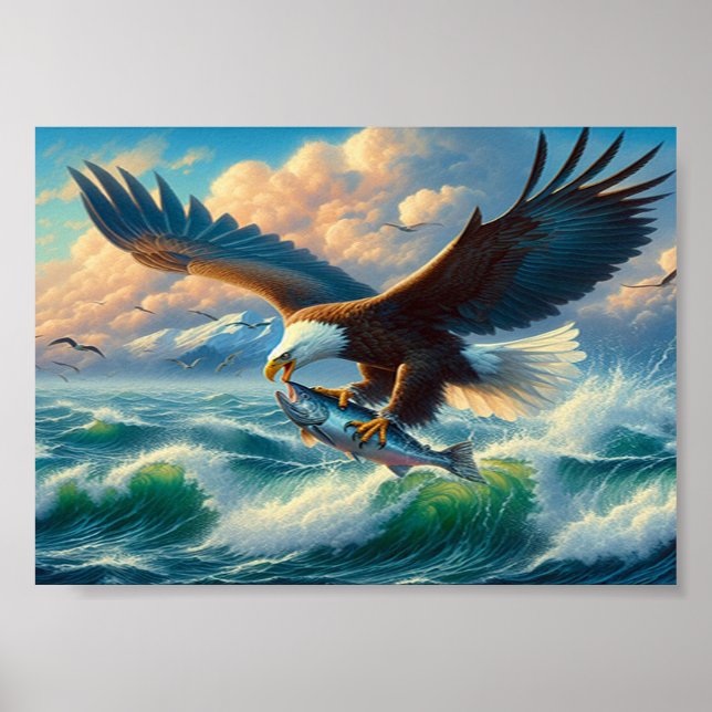 Majestic Eagle Swooping Down to Catch Fish 7"x5" Poster (Front)