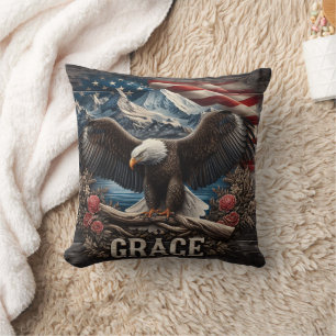 Majestic Eagle With American Flag Background Cushion