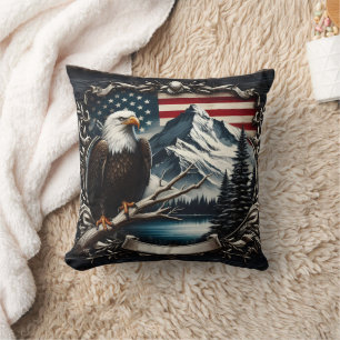 Majestic Eagle With American Flag Background Cushion
