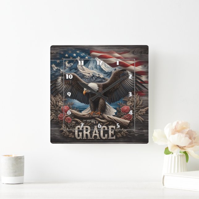 Majestic Eagle With American Flag Background Square Wall Clock (Home)