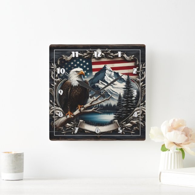 Majestic Eagle With American Flag Background Square Wall Clock (Home)