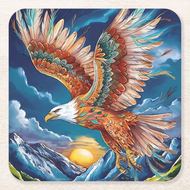 Majestic Eagle with Boho Vibes & Mountain View Square Paper Coaster (Front)