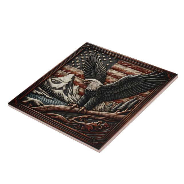 Majestic Eagle With Mountains and American Flag Ceramic Tile (Side)