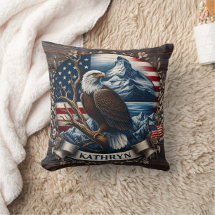 Majestic Eagle With Mountains and American Flag Cushion