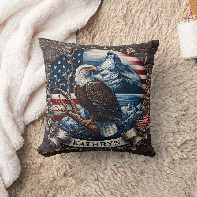 Majestic Eagle With Mountains and American Flag Cushion (Blanket)