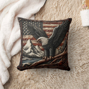 Majestic Eagle With Mountains and American Flag Cushion