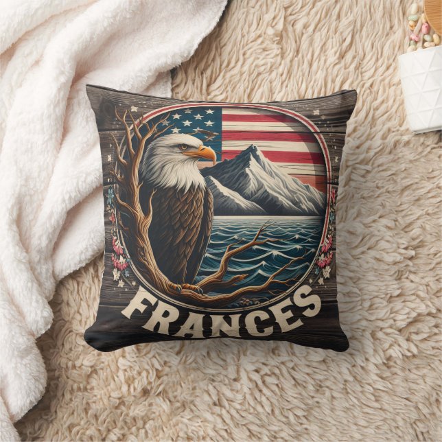 Majestic Eagle With Mountains and Flag Background Cushion (Blanket)