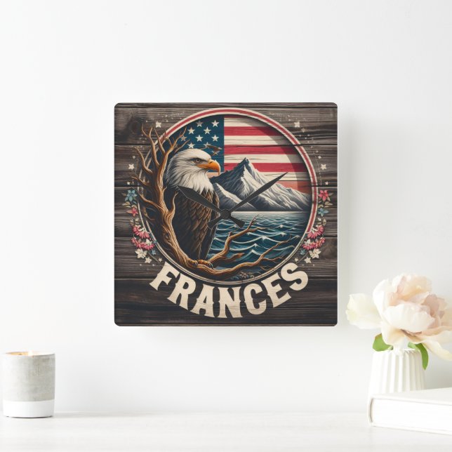 Majestic Eagle With Mountains and Flag Background Square Wall Clock (Home)