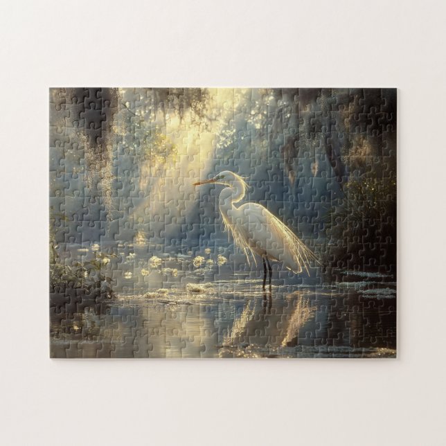 Majestic Egret Standing in a Serene Sunlit Swamp Jigsaw Puzzle (Horizontal)