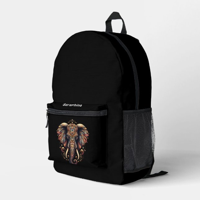 Majestic elephant adorned with intricate patterns printed backpack (Back Corner Right)