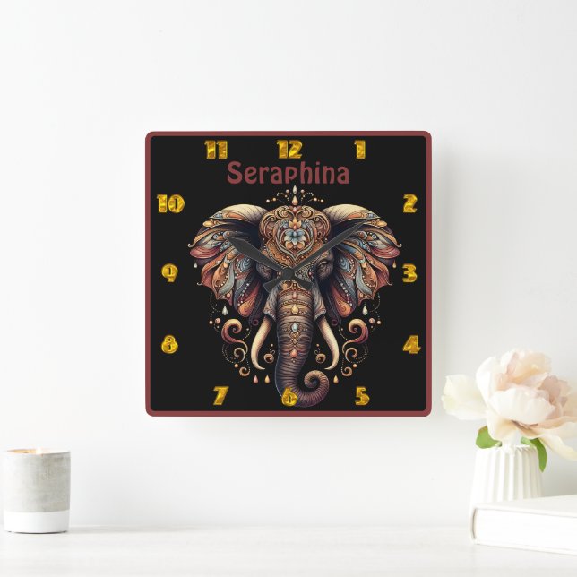 Majestic elephant adorned with intricate patterns square wall clock (Home)