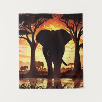 Majestic Elephant at Sunset in the African Savanna Tapestry