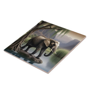 Majestic Elephant at Tranquil Lakeside Dawn Ceramic Tile