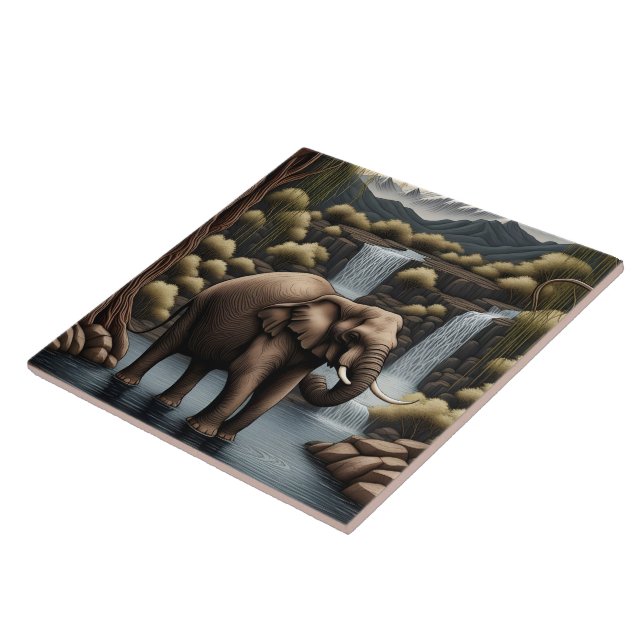 Majestic Elephant by Cascading Waterfalls at Dusk Ceramic Tile (Side)